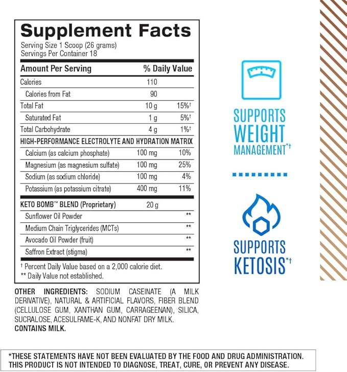 BPI Sports Keto Bomb - Promotes Energy Hydration and Fat Loss - MCT and Electrolytes - Sugar-Free with Calcium - French Vanilla Latte 18 Servings