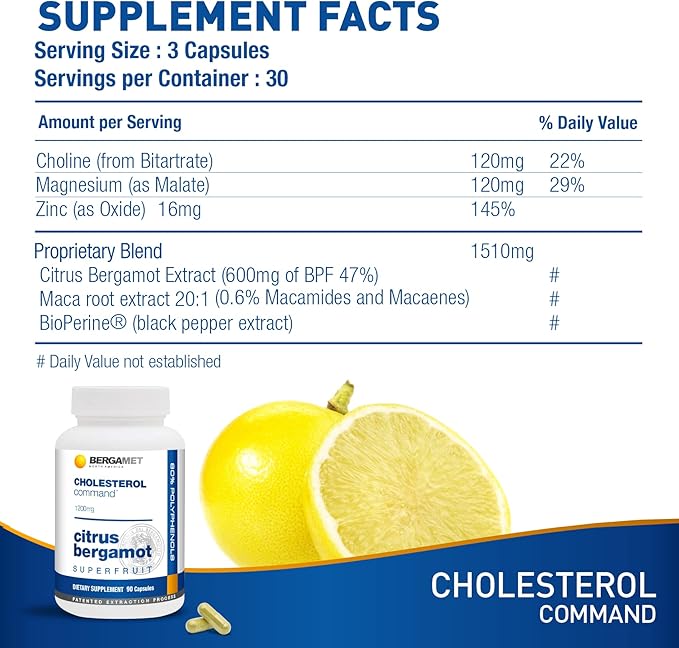 Cholesterol Command Citrus Bergamot SuperFruit Supplement 47% Bergamot Polyphenol Fraction (BPF) Patented Formula Made in the USA 1 Month 90 Capsules