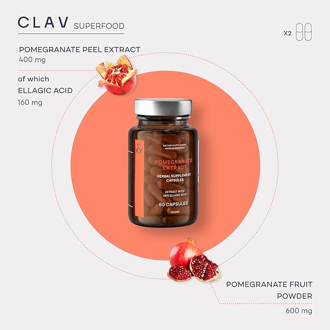 CLAV Pomegranate Extract - 1000mg Daily Dose - 40% Ellagic Acid - Vegan Pomegranate Supplement - Heart &amp Joint Support - 60 Capsules - Made in Germany