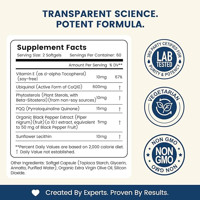 CoQ10 600mg SoftgelsUbiquinol Q10 Coenzyme SupplementCoq 10 600mg Vitamins Maximum AbsorptionAntioxidant Support for Heart Health &amp Energy