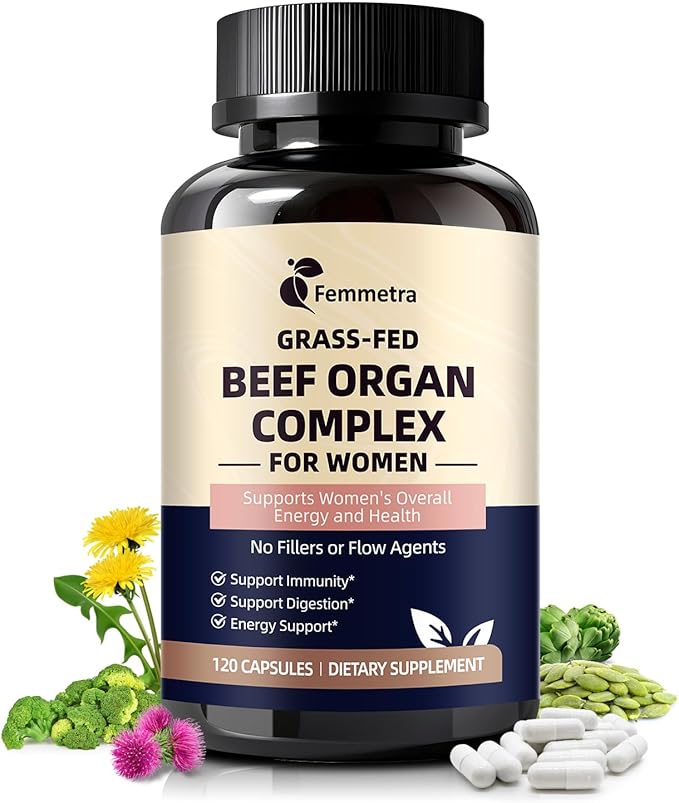 Female-Optimized Beef Organ Complex Superfood Supplement Beef Liver Kidney Heart Uterus &amp 6 More Balance Hormones Energy &amp Women's Overall Wellness with Milk Thistle Zinc Grass-Fed 6