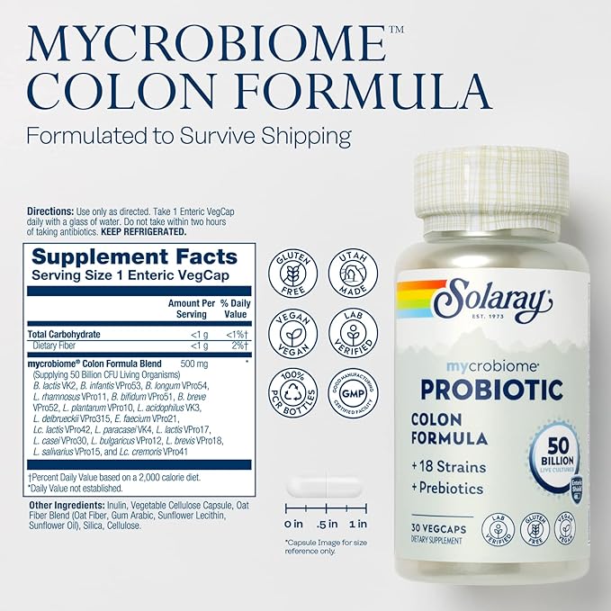 SOLARAY Mycrobiome Probiotic Colon Formula Vegan Digestive Function Colon Health and Immune System Support 50 Billion CFU 18 Strains Prebiotic Inulin 60-Day Guarantee 30 Servings 30 VegCaps
