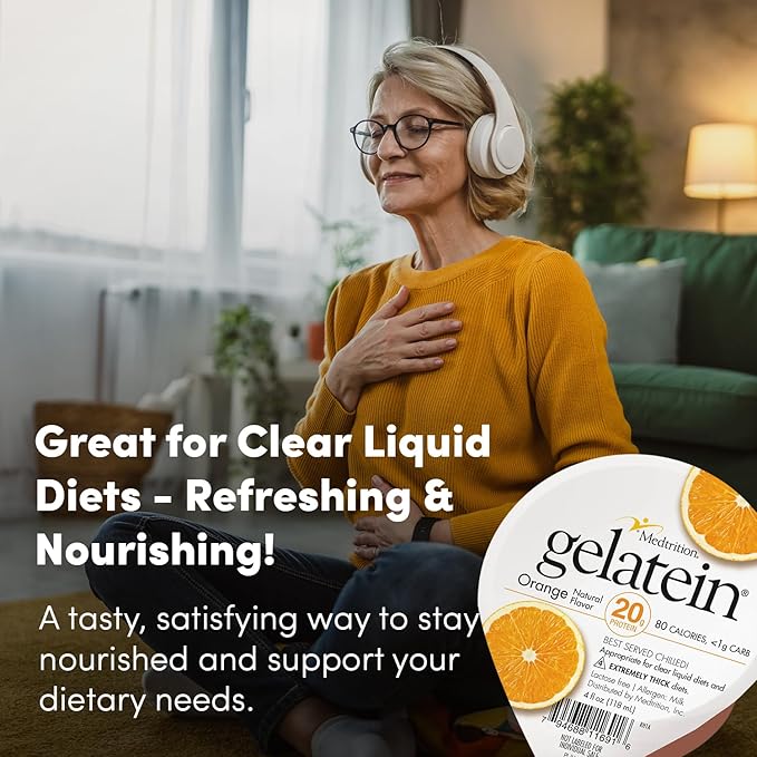 Gelatein Orange: 20 grams of protein. Sugar free. Ideal for clear liquid diets swallowing difficulties bariatric dialysis and oncology. Great pre or post-workout snack. (12 pack)
