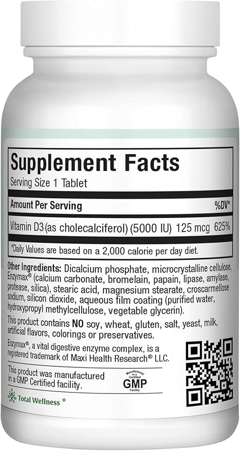 Vitamin D3 5000 IU (125 mcg) - High Dose Vitamin D 5000 IU for Healthy Bones Teeth Immune Support - Kosher Non GMO - High Potency Vit D3 - Pure Vitamin D Supplements for Women and Men - 180 Tablets
