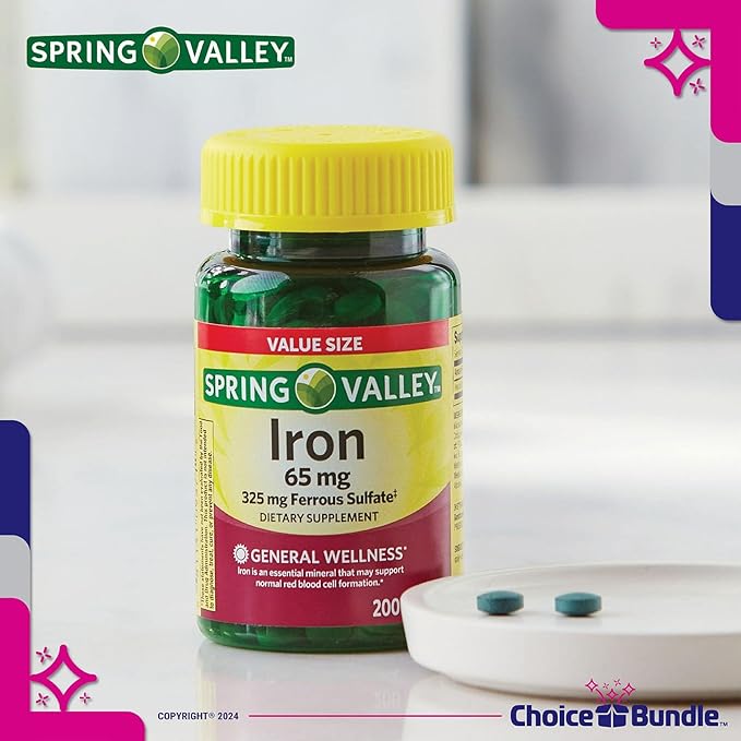 Spring Valley Iron 65 mg Tablets Ferrous Sulfate Value Size 200 Ct 2 Pk (400 Total) + Vitamin Vitality &amp Pill Container (4 Items)!