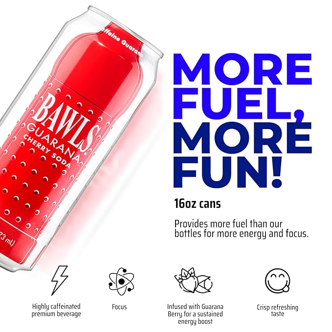 BAWLS Guarana Cherry BAWLS Guarana Drink Guarana Soda Guarana Fueled Soda for Energy High Energy Caffeinated Drink 16oz 12 Pack Cans