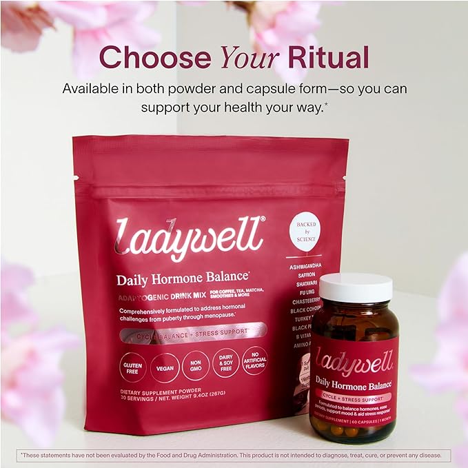 Ladywell Daily Hormone Balance Powder | Natural Cycle Support for Women | Supports Mood Bloating Cramps Skin Health &amp Cravings with Chasteberry B Vitamins Ashwagandha Saffron + | 30 Servings