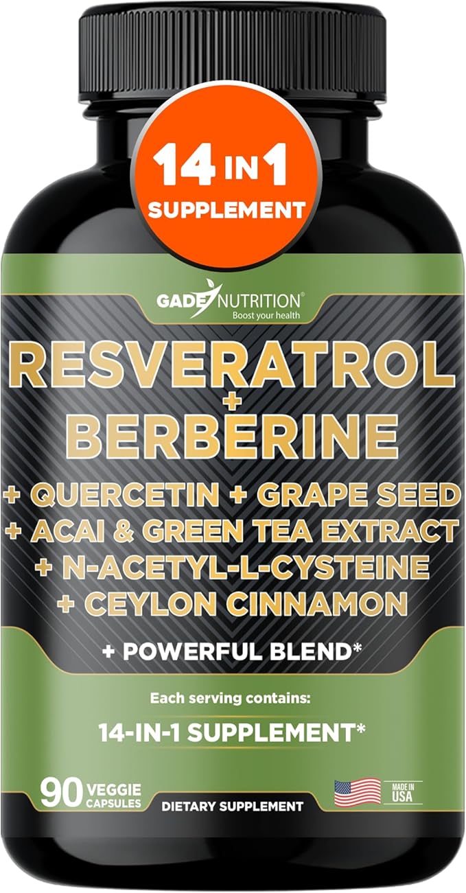 Gade Nutrition Resveratrol Berberine Quercetin Grape Seed Extract Green Tea Extract N-Acetyl Cysteine - 14 in 1 Complex Supplement for Women &amp Men with Potent Antioxidants - Made in USA