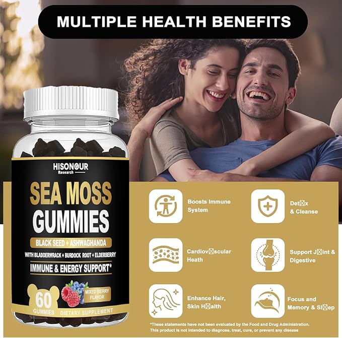 Sea Moss Gummies with Black Seed Oil Ashwagandha Ginger Irish Sea Moss for Immune &amp Energy Support Mixed Berry Flavor Vegan 60 Count