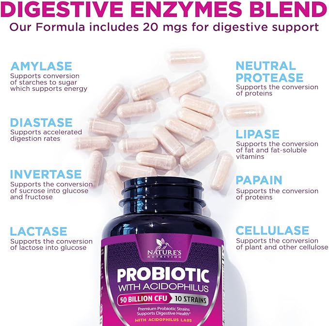 Probiotics 50 Billion CFU per Serving - 10 Strains + Prebiotics - Digestive Health Gut &amp Immune Support - Supports Occasional Constipation Gas &amp Bloating for Women &amp Men Shelf Stable - 1
