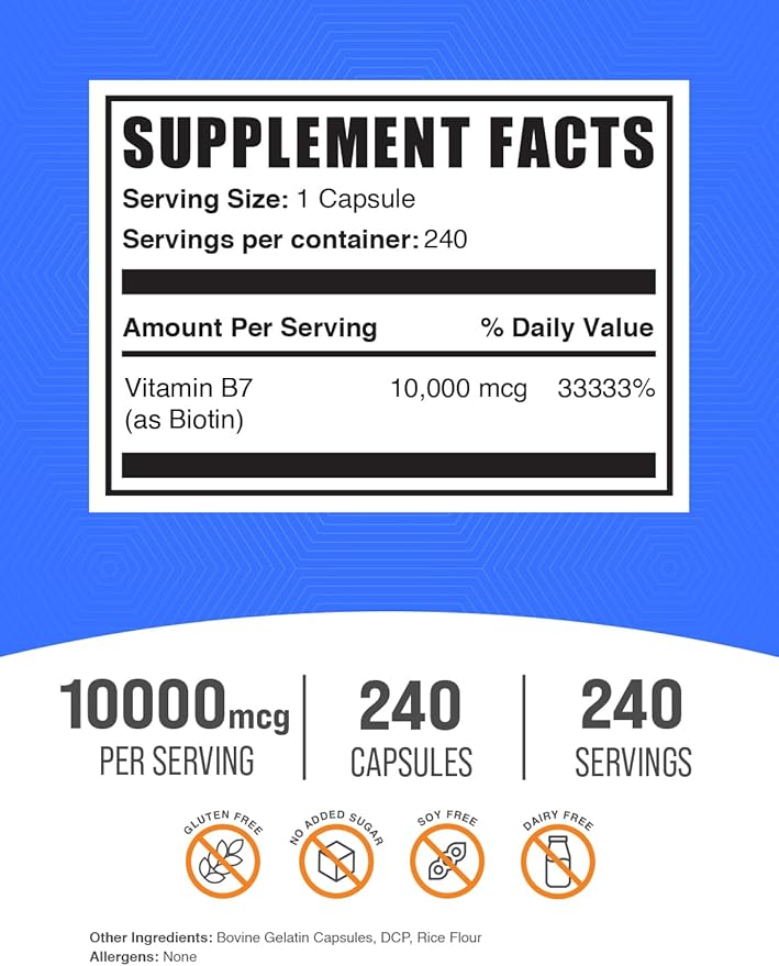 BulkSupplements.com Biotin 10000mcg Capsules - Biotin Supplement Biotin Vitamins for Hair Skin and Nails Vitamin B7 - Gluten Free 1 Capsule per Serving 240 Capsules (Pack of 1)