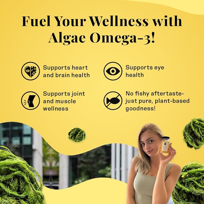 Earth &amp Elle Algae Omega 3 Supplement - Vegan Omega 3 - Omega 3 Vegan Supplement w/Algae Oil &amp Vegan DHA - Helps Support Heart &amp Brain Health 1000 mg Per Serving - No Fishy Aftertaste 60 S