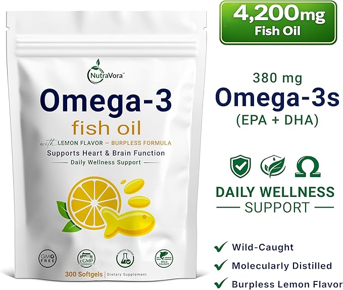 Omega 3 Fish Oil Supplements – 4200 mg Fish Oil Per Serving – Lemon Flavor Burpless Formula – Wild-Caught Molecularly Distilled - Non-GMO Gluten-Free – 300 Softgels