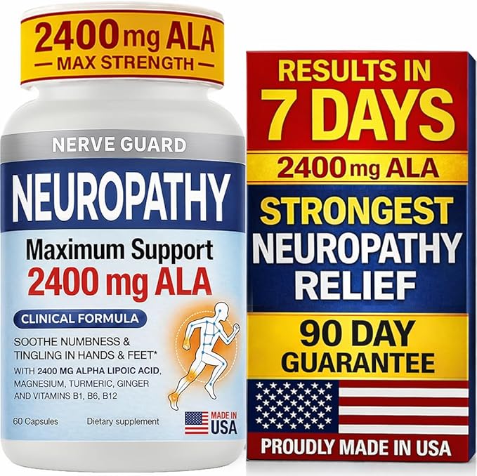Neuropathy Support Supplement with 2400 mg Alpha Lipoic Acid to Reduce Nerve Discomfort in Feet Hands Toes – Max Strength 2400mg ALA Vitamins B12 B6 &amp B1 Magnesium Turmeric – 60 Capsules