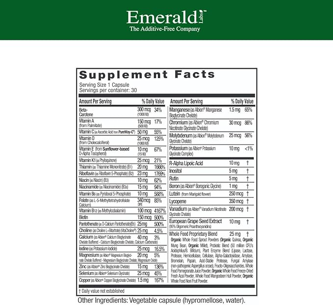 EMERALD LABS Men's 1 Daily Multi - Additive-Free Men's Multivitamin - Includes Lycopene Zinc Vitamin D3 &amp More - Supports Bones Prostate &amp Vision* - 30 Vegetable Capsules