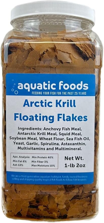 Aquatic Foods Inc. Arctic Krill Flakes which Contain Natural Carotenoids &amp Astaxanthin That Will Enhance The Vibrant Colors of Fish for All Tropical and Marine Fish...WL 1-lb 2oz Lg Jar