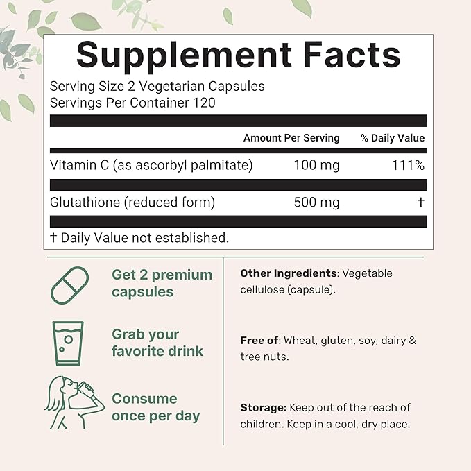 Micro Ingredients Glutathione 500mg with 100mg Vitamin C Supplement 240 Veggie Capsules | Reduced Glutathione + Fat Soluble Ascorbyl Palmitate Complex | Non-GMO Filler Free