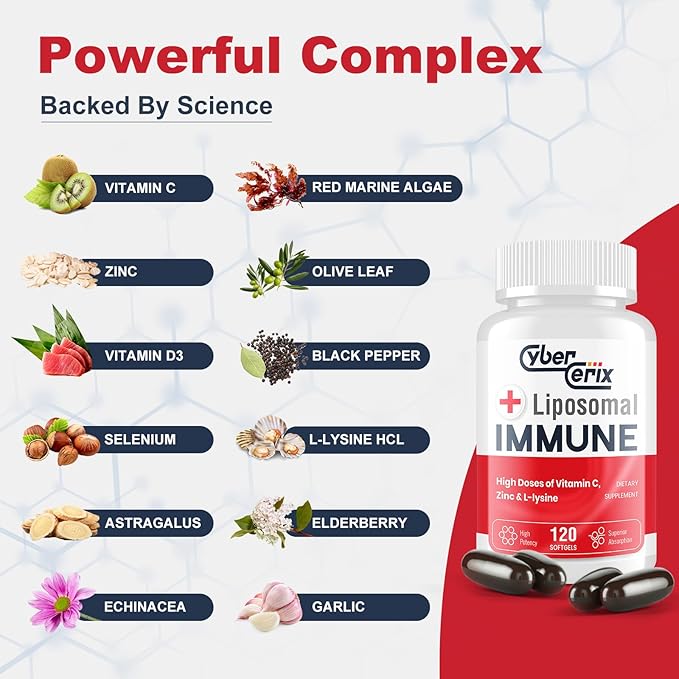 CyberCerix Liposomal Immune Support Supplement for Adults Complex with L-Lysine 1500mg Vitamins Minerals &amp Herbal Extracts Comprehensive Daily Wellness Blend for Men &amp Women - 240 Capsule