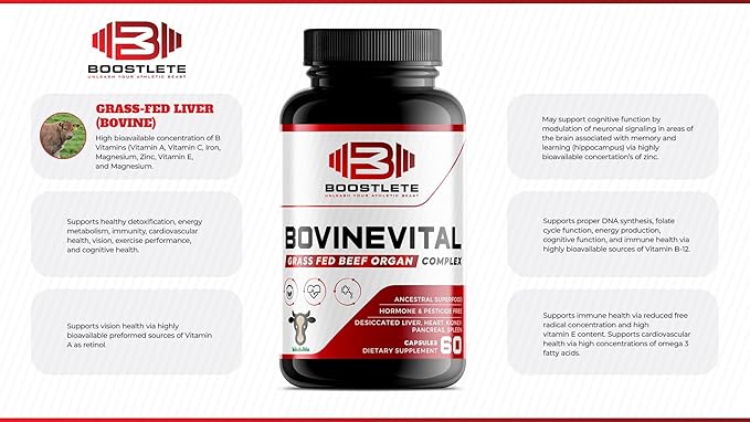 BovineVital Grass-Fed Beef Organ Supplement - Liver Heart Kidney Pancreas &amp Spleen – Natural Energy Digestion Immune &amp Cognitive Support – Non-GMO Hormone-Free – 120 Capsules