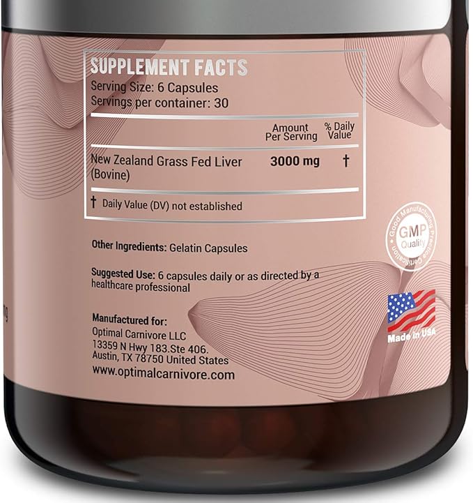 Optimal Carnivore Grass Fed Beef Liver Capsules Freeze Dried in Convenient Pills 180 Capsules Desiccated Supplement
