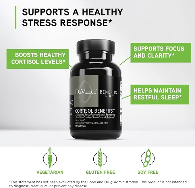 DaVinci Labs Cortisol Benefits - Dietary Supplement to Support Healthy Cortisol Levels and Adrenal Health - With Ashwagandha Extract Rhodiola Rosea Root and More - Gluten-Free -60 Vegetarian Capsules