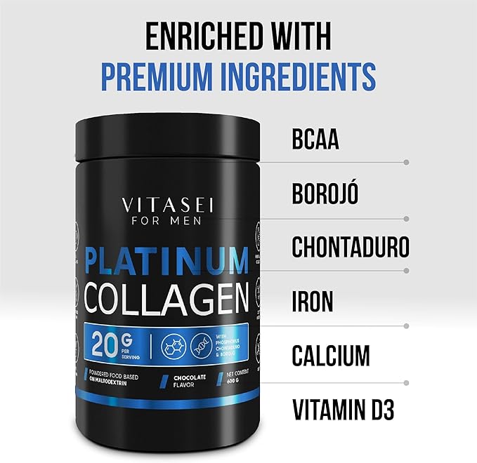 VITASEI Hydrolyzed Collagen Powder for Men - BCAA Enriched with Borojo &amp Chontaduro - Protein Powder Supplement for Enhanced Workouts Muscle Energy - Zero Sugar &amp Chocolate Flavored - 21 oz