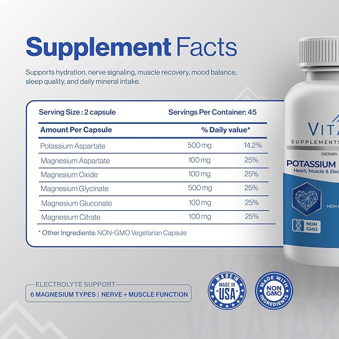Potassium Magnesium Supplement 1000mg | 180 Capsules | Magnesium and Potassium Supplement for Heart Leg Cramp Muscle &amp Electrolyte Balance Support | Gluten Free Non-GMO | 6-Month Supply