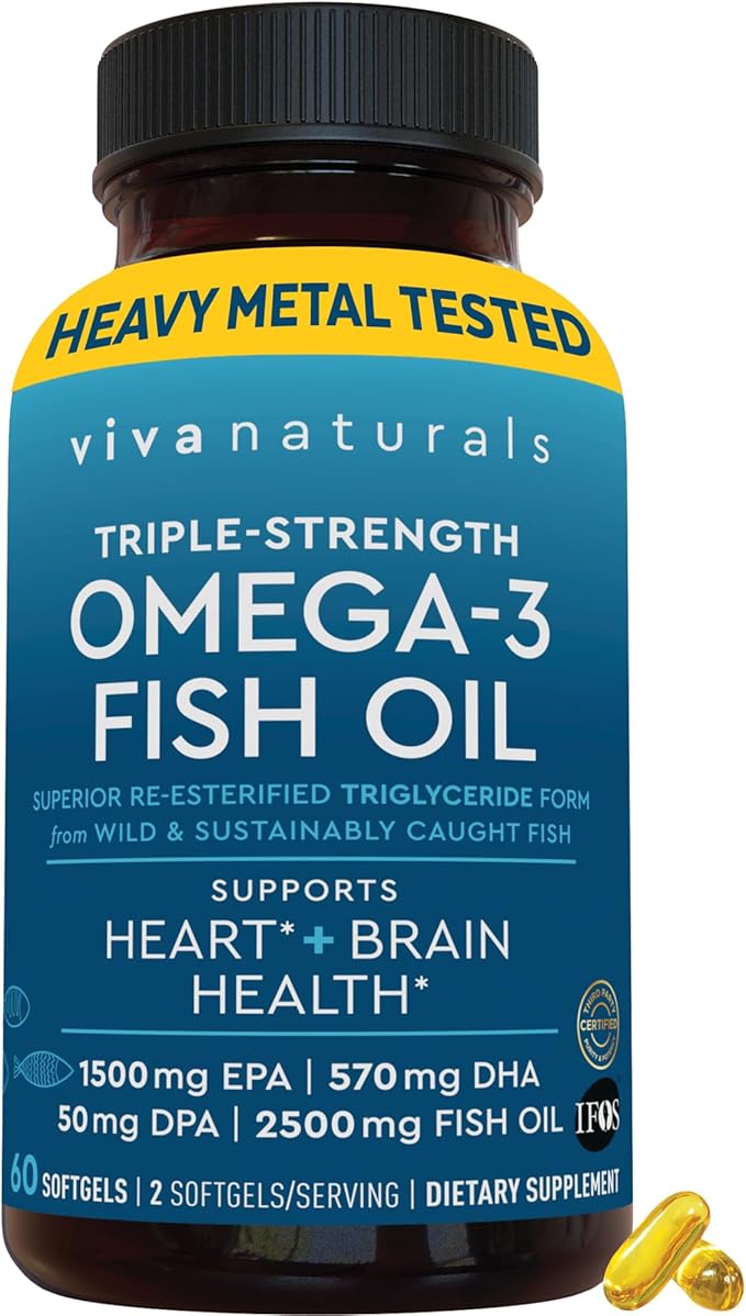 Viva Naturals Omega-3 Fish Oil Triple Strength 2500 mg 60 Softgels – Re-Esterified Omega 3 Fatty Acids Including EPA DHA DPA - Pascatarian-Friendly
