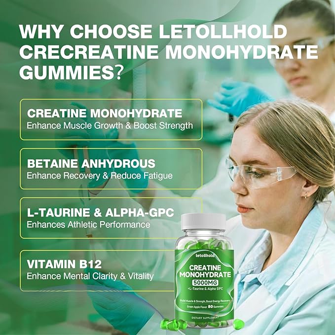 2-Pack Creatine Gummies for Women＆Men - 5g Creatine Monohydrate Gummies with L-Taurine &amp Alpha Gpc for Boost Focus Endurance Strength and Muscle Growth - Vegan Non-GMO (Green Apple 160 ct)