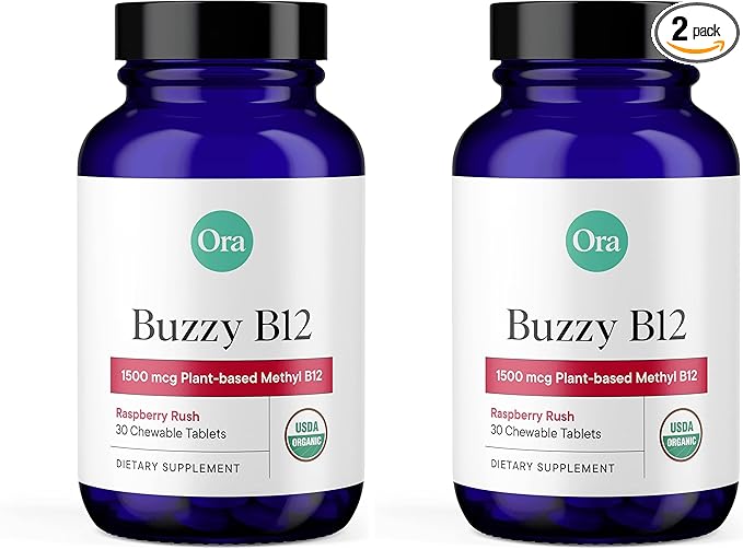 Ora Organic Vitamin B12 1500mcg - Plant-Based methylcobalamin for Adults - Natural Stimulant-Free Energy Raspberry Flavor chewable Tablets no Added Sugar - 30 Tablets (Pack of 2)
