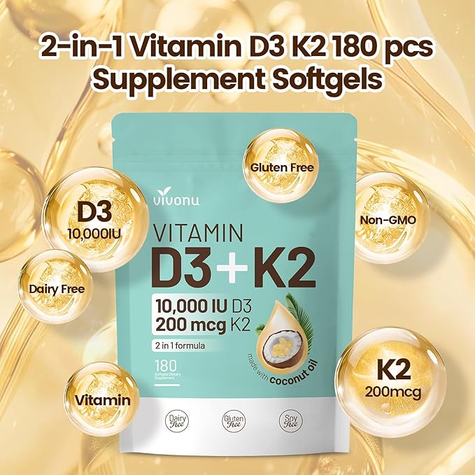 VivoNu Vitamin D3 K2 10000 IU with MK7-300 Virgin Coconut Oil Softgels 2 in 1 Vitamins D &amp K Complex | Vitamina D3 con K2 ((180 capsules/1Bag))