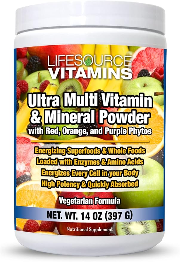 LifeSource Vitamins Ultra Multi Vitamin &amp Mineral Powder w/Phytos Reds Phyto Purples and Phyto Oranges - 30 Day Supply