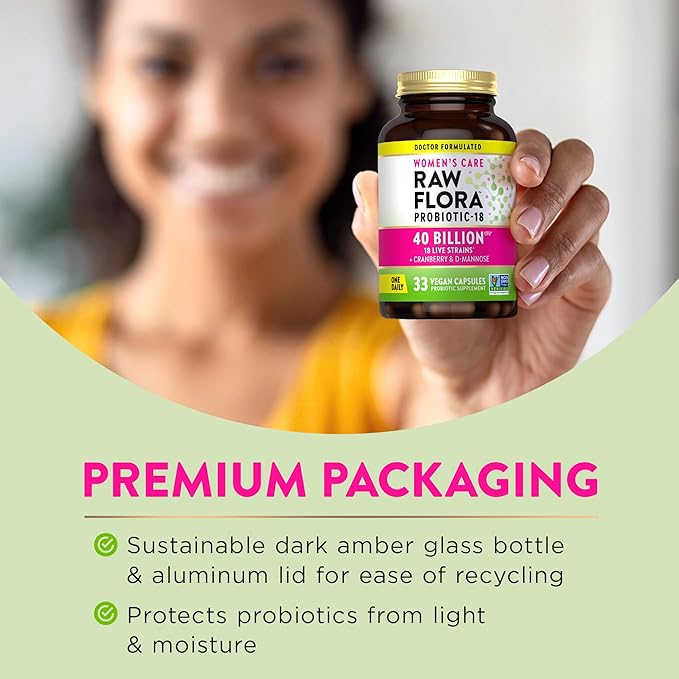 Raw Flora Women's Probiotics | Dr. Formulated 40 Billion CFU + Prebiotics | Digestive Vaginal &amp Urinary Support | 33 Vegan Capsules with Cranberry &amp D-Mannose | Shelf Stable