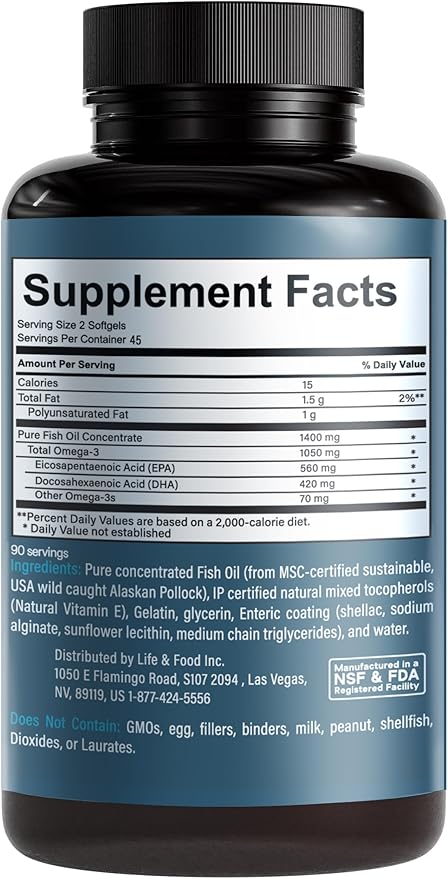 Omega-3 Supreme Fish Oil 1400 mg. MSC Certified +75% Omega-3s 1050 mg 644/336 NO Fish-Burps &amp Improved Absorption | Molecular Distilled Mercury/PCB/Toxin Tested (90 Count (S))
