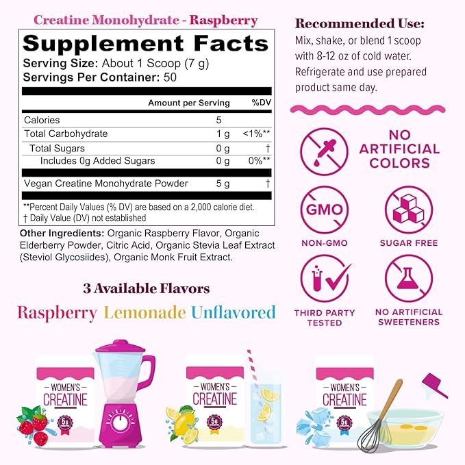 Micronized Creatine Monohydrate Powder – 5g per Serving Creatine Supplement | Support ATP Boost Strength Lean Muscle &amp Recovery | No Sugar Dyes or Fillers | Superior Mixing - Raspberry 50 Serv
