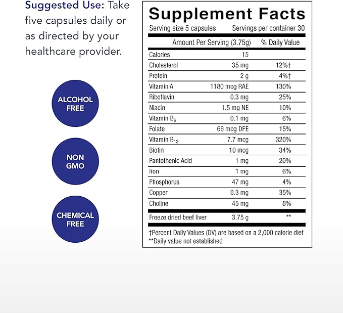 Physician's Strength Beef Liver - 150 Capsules - Natural Source of Iron Vitamin A &amp B12 - 100% Grass Fed - Non-GMO &amp No Additives - 30 Servings