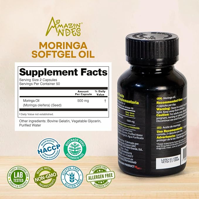 Moringa Seed Oil Softgels 100% Pure Cold-Pressed from Moringa Oleifera Seeds Vegan Non-GMO Natural Antioxidant Superfood 1000mg per Serving – 100 Capsules by Amazon Andes