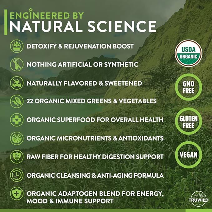 TruWild Greens Superfood Cucumber Powder with 22+ Greens &amp Anti-Oxidants Delicious Green Juice Powder Natural Immune Stress Digestion Support 30 Servings Per Tub (Cucumber Mint)