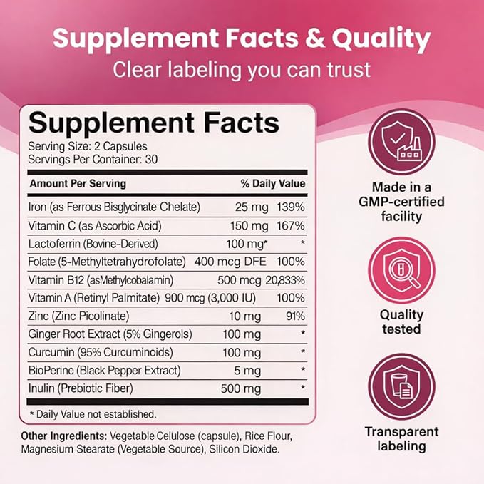 Ferrin Supplement - Daily Iron Support Capsules with Iron Bisglycinate Lactoferrin Vitamin C B12 and Gentle Absorption (1)