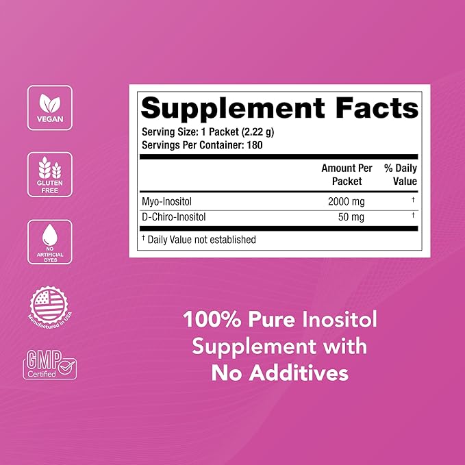 Theralogix Ovasitol Inositol Powder Packets - 90-Day Supply - Myo-Inositol &amp D-Chiro Inositol for Hormone Balance &amp Ovarian Function Support* - NSF Certified - 180 Packets