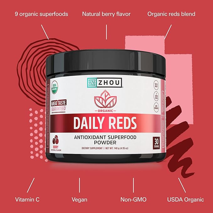 Zhou Organic Reds Powder - Red Powder Superfood with Beetroot Super Fruits Goji Berry &amp Tart Cherry Antioxidant Support for Whole-Body Health - Natural Berry Flavor 4.95 oz (30 Servings)