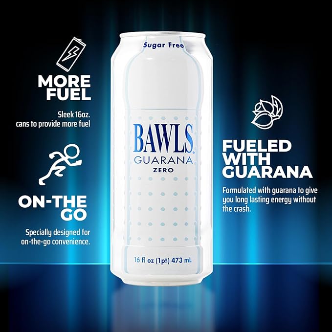 BAWLS Guarana Zero BAWLS Guarana Drink Guarana Soda Guarana Fueled Soda for Energy High Energy Caffeinated Drink 16oz 24 Pack Cans