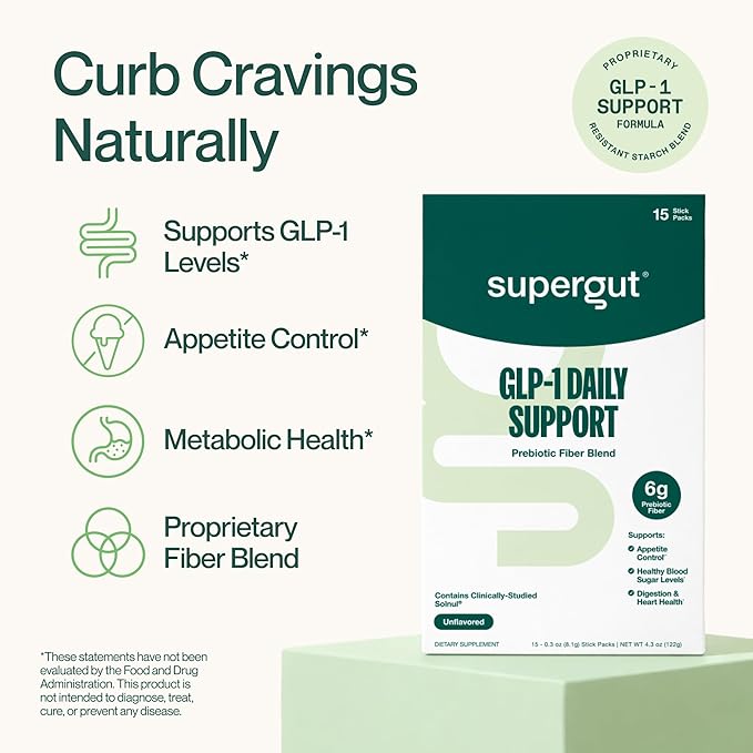 Supergut GLP1 Daily Support - High Fiber GLP-1 Supplement Powder for Women &amp Men - Sugar-Free Drink Mix for Gut Health (15 Servings)