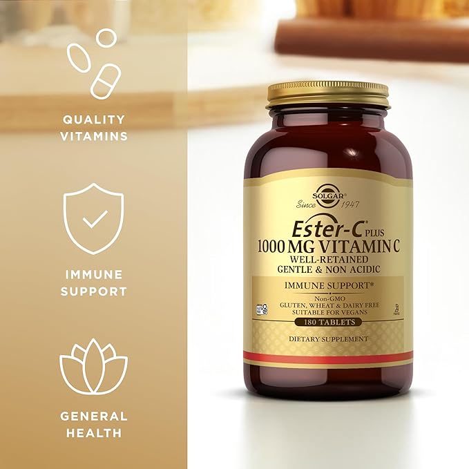 Solgar Ester-C Plus 1000 mg Vitamin C (Ascorbate Complex) - 180 Tablets Pack of 2 - Gentle &amp Non Acidic - Supports Upper Respiratory Health - Non-GMO Gluten Free - 360 Total Servings