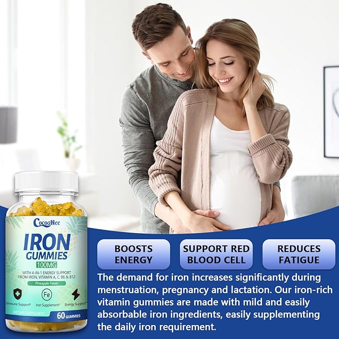 2 Pack 100MG Iron Supplements Gummies for Women &amp Men - Vitamin C A B12 - Complex Improve Absorption Energy Boost Iron Deficiency Anemia for Adults &amp Kids - Complex Folate Zinc 120Cts