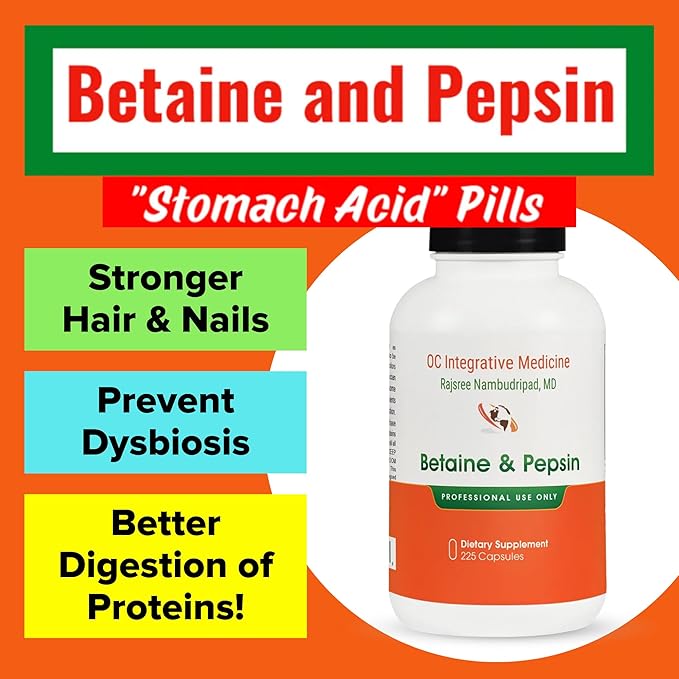OC Integrative Medicine Betaine &amp Pepsin by Dr. Rajsree MD | Supports Protein Digestion Nutrient Absorption &amp Digestive Comfort | Betaine HCl + Pepsin Formula | 225 Capsules