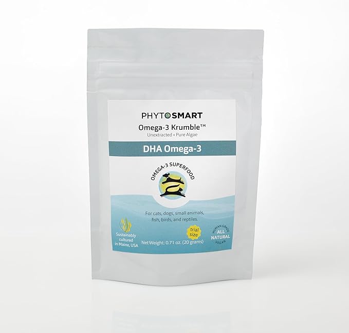 Omega-3 Krumble DHA for Pets in 20 Grams Trial Size. Pure Un-extracted Marine Micro-Algae Providing Pets Total Body Support with Whole Food Essential Fatty Acids.