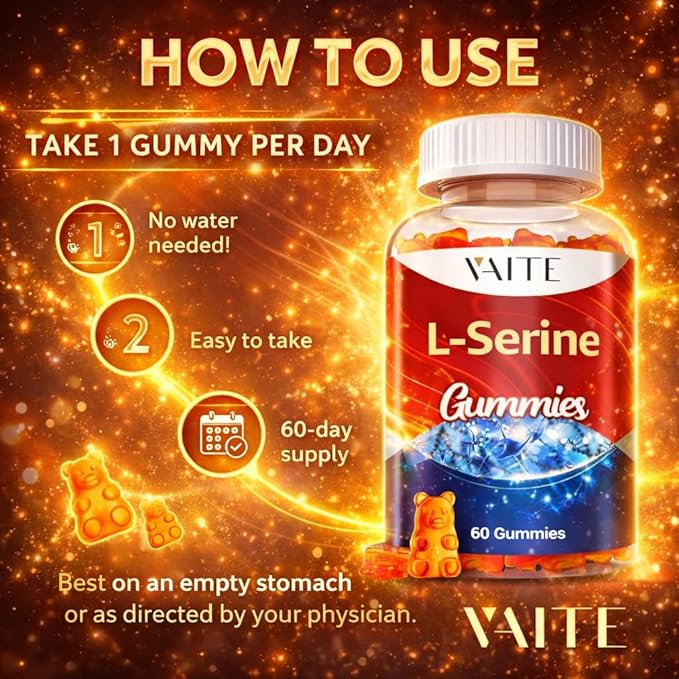 L-Serine Gummies 1000mg - Pure L Serine Supplement for Cognitive Function and Nervous System Health Phosphorylated LSerine Supplements for Brain Support Non-GMO Gluten Free 60 Vegetarian Gummy