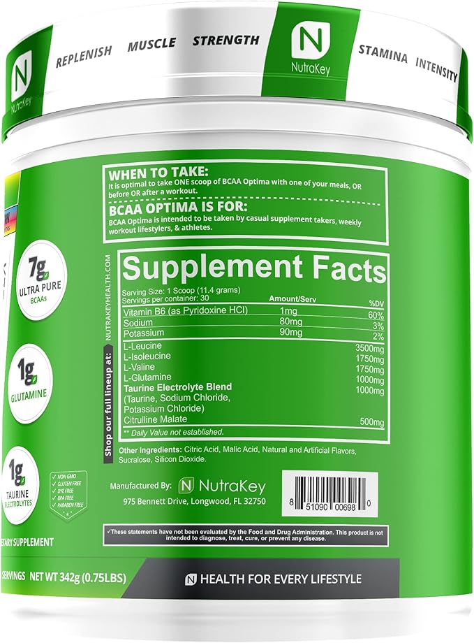 NutraKey BCAA Optima Post Workout Recovery Complex No Sugar No Carb Recovery Aid Rainbow