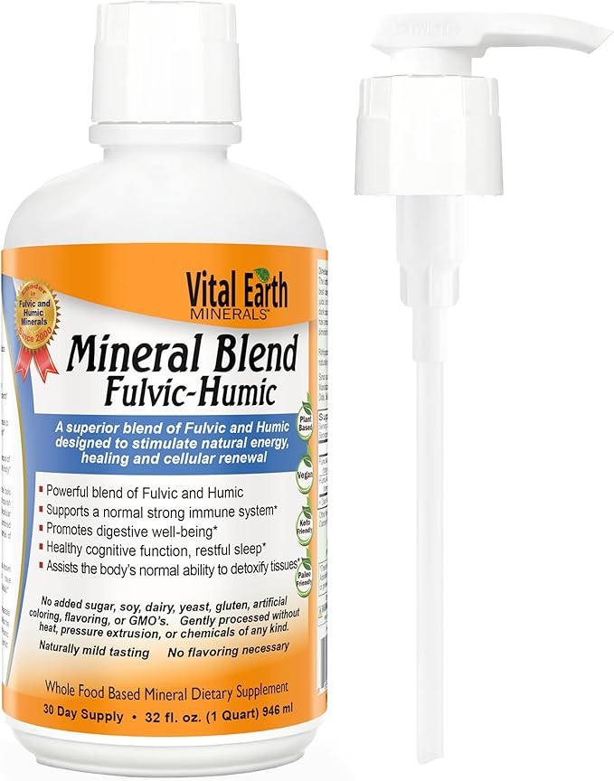 Vital Earth Minerals Fulvic Humic Mineral Blend Liquid with Pump – Fulvic Acid Supplement with 70+ Trace Minerals Electrolytes for Recovery Balance &amp Energy 32 Oz